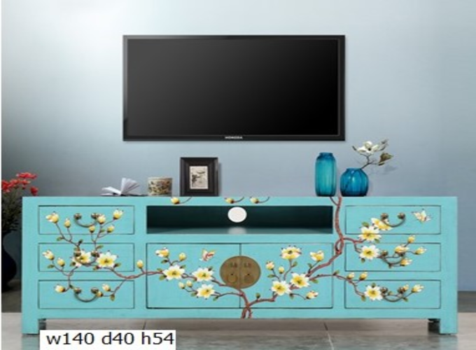 20 Custom make antique light blue butterflies & floral 2door and 6drawer TV sideboard
