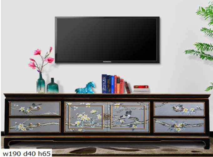 15 Custom make 2tone colour (black piping/grey) birds & floral 2door and 4drawer TV sideboard