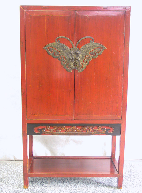02 Antique butterfly brass red 2door fujian Cabinet 