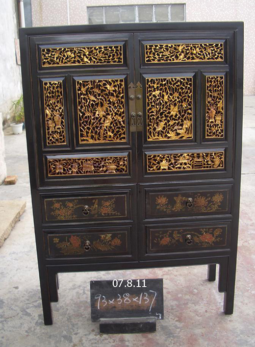 07 Antique black lacquer carved Cabinet 