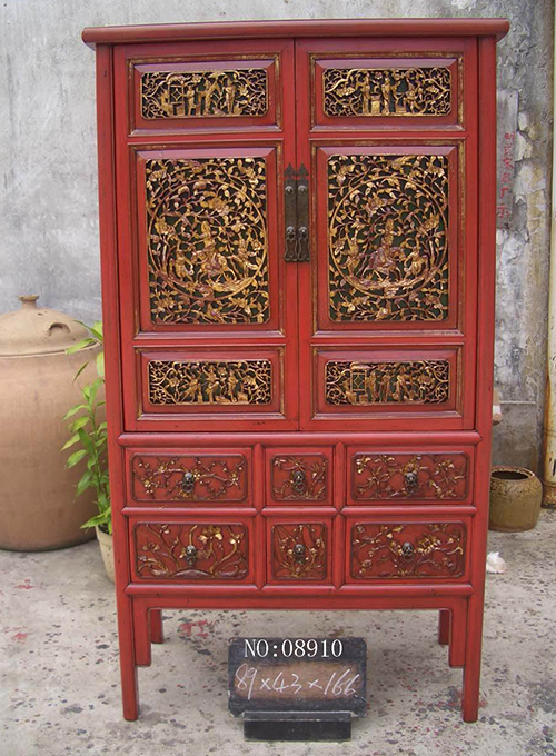 08 Antique red lacquer carved Cabinet 