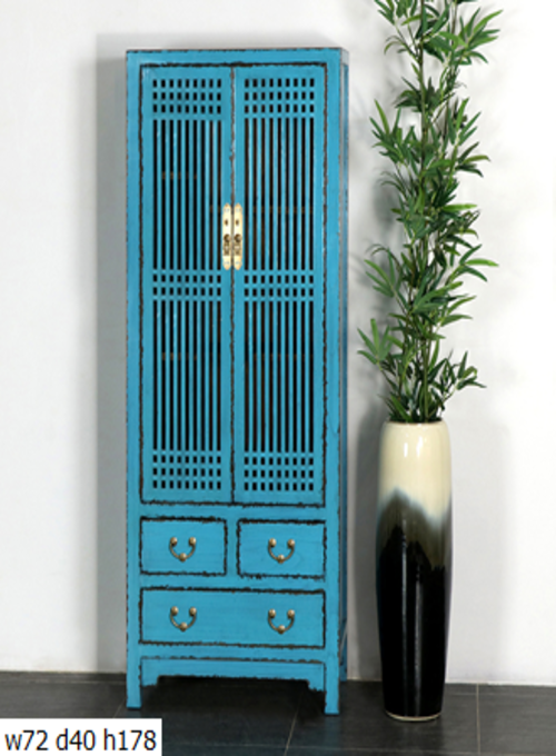 24 Custom make antique blue 3drawer & 2 lattice door cabinet
