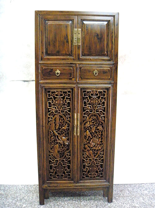 04 Custom make brown carved tall slim cabinet 