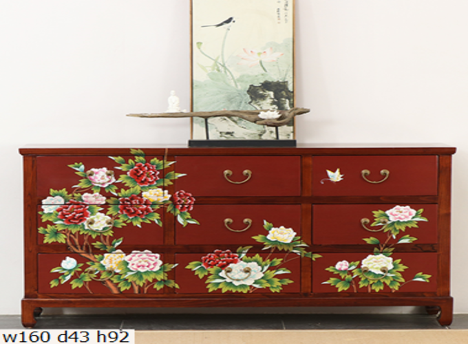 14 Custom make red Mingleg floral 9chest of drawer 